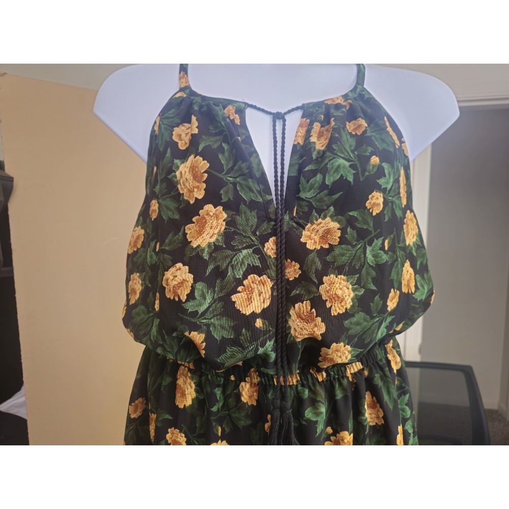 Blush Black Yellow Green Floral Tie Neck Midi High Low Sundress floral Coquette - Picture 3 of 7